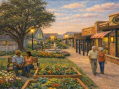 ‘Vila de demência’ de US$ 40 milhões incluirá um restaurante, spa e mercearia – e moradia para cuidadores Ilustração de uma vila com lojas, casas, jardim e casais de idosos.