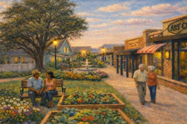 'Vila de demência' de US$ 40 milhões incluirá um restaurante, Ilustração de uma vila com lojas, casas, jardim e casais de idosos.