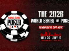 World Series of Poker revela ampla programação e inovações para o verão de 2026 Cronograma do WSOP 2026 e detalhes do circuito anunciados. Gráfico promocional da World Series of Poker 2026 com um grande logotipo de ficha de pôquer à esquerda e texto em negrito à direita onde se lê “The 2026 World Series of Poker – Schedule Is Out Now!” com datas de 26 de maio a 15 de julho e “100 Bracelet Events” contra um fundo estampado vermelho com uma silhueta do horizonte de Las Vegas.