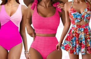 17 trajes de banho adequados para busto grande que *atualmente* permanecem no ar (menos de US $ 50) Vestido verde, top azul, bolsa amarela e mocassins rosa da Amazon