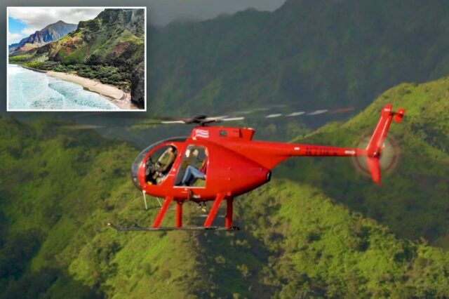 3 mortos e 2 feridos em acidente de helicóptero de Um helicóptero da Airborne voa pela Aviation sobre Kauai, no Havaí.