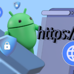 Uma tela de smartphone com um navegador aberto, o mascote do Android e alguns logotipos de navegador diferentes ao redor.