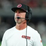 Head coach Kyle Shanahan of the San Francisco 49ers looks on from the sideline during the first half of a preseason game against the Las Vegas Raiders at Allegiant Stadium on August 23, 2024 in Las Vegas, Nevada.