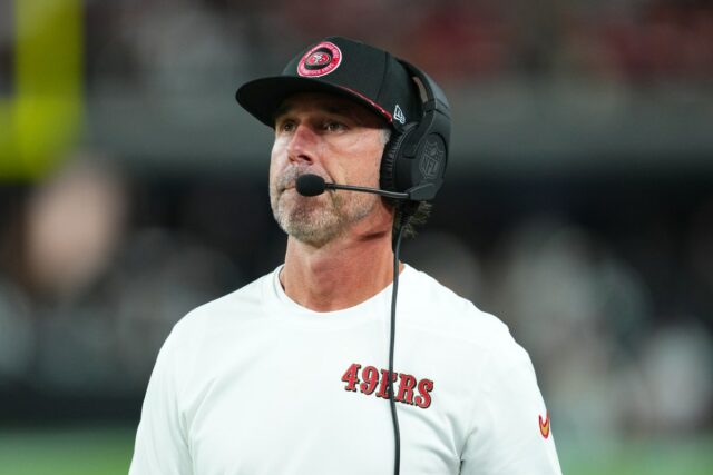 Head coach Kyle Shanahan of the San Francisco 49ers looks on from the sideline during the first half of a preseason game against the Las Vegas Raiders at Allegiant Stadium on August 23, 2024 in Las Vegas, Nevada.