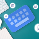 Um mascote 3D do Android cercado por ícones que representam recursos como tela dividida, histórico da área de transferência, configurações rápidas, automação e navegação por gestos.