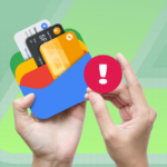 Mão segurando um smartphone com a Carteira virtual do Google aberta, tocando em um terminal de pagamento, com um logotipo grande da Carteira virtual do Google à direita