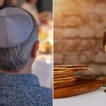 Homem judeu usando um yarmulkeh, liderando um Seder de Páscoa.