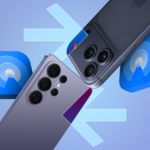 Um telefone Google Pixel, um iPhone e um laptop dispostos em círculo ao redor do logotipo LocalSend, com ícones de documentos flutuando entre eles em um fundo verde-azulado.