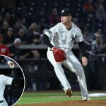 O arremessador do New York Yankees, Ryan Weathers # 40, arremessando no primeiro turno.