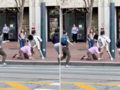 A briga de rua selvagem em São Francisco mostra jovens punks atacando aleatoriamente um homem em plena luz do dia A briga de rua selvagem em São Francisco mostra jovens punks atacando aleatoriamente um homem em plena luz do dia