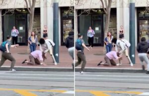 A briga de rua selvagem em São Francisco mostra jovens punks atacando aleatoriamente um homem em plena luz do dia A briga de rua selvagem em São Francisco mostra jovens punks atacando aleatoriamente um homem em plena luz do dia