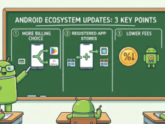 A era do monopólio do Google Play finalmente acabou logotipo do Google Play em um campo de logotipos de aplicativos desfocados com o texto do logotipo do Google Play na metade inferior da imagem