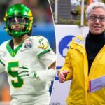 O quarterback do Oregon, Dante Moore (5), passa contra o Indiana durante o Peach Bowl.