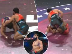 A estrela do UFC Arman Tsarukyan dá um soco no oponente após uma luta de luta livre do Real American Freestyle em uma cena selvagem Arman Tsarukyan se prepara para enfrentar Dan Hooker, da Nova Zelândia, em luta de peso leve, durante o evento UFC Fight Night, na Ali Bin Hamad Al Attiyah Arena (ABHA Arena), em Doha, Catar, no dia 22 de novembro de 2025.