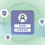 Ilustração de alguns escudos com o logotipo do Google, cadeado, senha e ícones de configurações