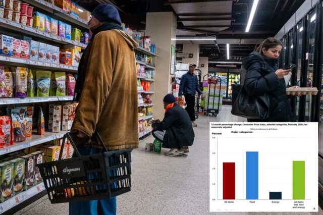 Pessoas fazendo compras em um supermercado, com um homem de casaco marrom segurando um carrinho de compras preto em primeiro plano e prateleiras de vários produtos alimentícios atrás dele.