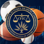 A orientação da CFTC desperta o debate sobre a supervisão e legalidade dos mercados de previsão esportiva. Ilustração mostrando o selo da Commodity Futures Trading Commission (CFTC) dos EUA centrado em uma bola de futebol, basquete, futebol e beisebol contra um fundo de dados de negociação digital, representando a regulamentação dos mercados de previsão relacionados a esportes.