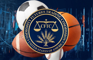 A orientação da CFTC desperta o debate sobre a supervisão e legalidade dos mercados de previsão esportiva A orientação da CFTC desperta o debate sobre a supervisão e legalidade dos mercados de previsão esportiva. Ilustração mostrando o selo da Commodity Futures Trading Commission (CFTC) dos EUA centrado em uma bola de futebol, basquete, futebol e beisebol contra um fundo de dados de negociação digital, representando a regulamentação dos mercados de previsão relacionados a esportes.