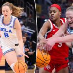 Jogadoras de basquete feminino da UCLA comemoram no Big Ten Tournament