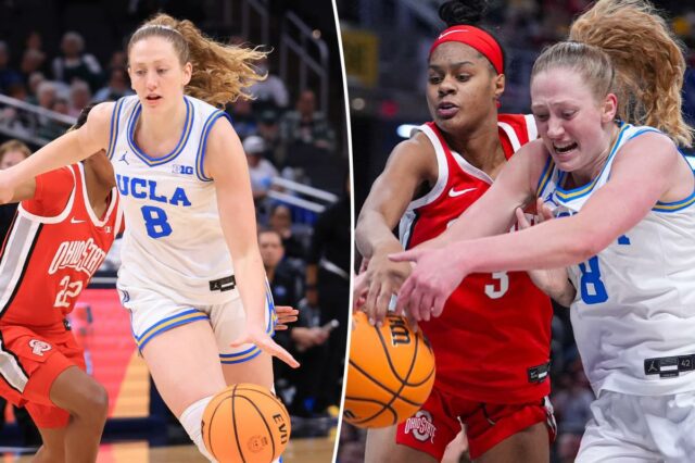 Jogadoras de basquete feminino da UCLA comemoram no Big Ten Tournament
