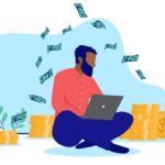 Black ethnic man sitting with laptop on floor making income online. Flat design vector illustration with white background