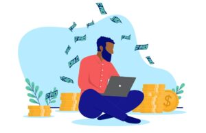 A startup de automação de vendas Rox AI atinge avaliação de US$ 1,2 bilhão, dizem fontes Black ethnic man sitting with laptop on floor making income online. Flat design vector illustration with white background