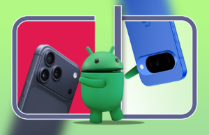 A superioridade dos aplicativos de tela dividida é o motivo pelo qual abandonei o iPhone e apostei tudo no Android Um iPhone cercado por alertas de notificação, abaixo de uma placa verde de “Saída de Emergência” com o robô Android