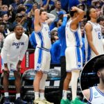 Os jogadores do Duke reagem à derrota para o UConn na Elite Eight do torneio de basquete universitário da NCAA, domingo, 29 de março de 2026.