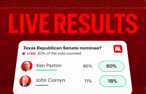 AP faz parceria com Kalshi para resultados eleitorais de cobertura das primárias de 2026 AP faz parceria com Kalshi para os resultados das eleições de cobertura das primárias de 2026. Gráfico vermelho rotulado “RESULTADOS AO VIVO” mostrando a disputa pelos indicados ao Senado Republicano do Texas com 62% dos votos contados. Ken Paxton lidera com 80%, enquanto John Cornyn tem 18%, ao lado de pequenas fotos de candidatos e um ícone do Partido Republicano.