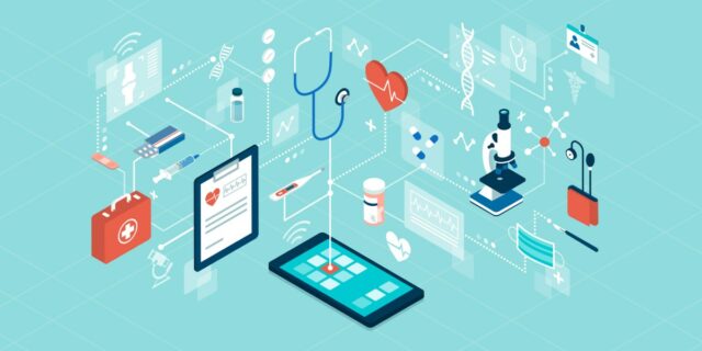 AWS, illustration of telemedicine and online healthcare services