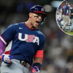 Aaron Judge, dos Estados Unidos, reage após acertar um home run de duas corridas durante o primeiro turno de um jogo do World Baseball Classic contra o Brasil, sexta-feira, 6 de março de 2026, em Houston.