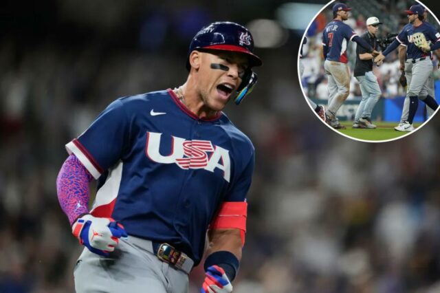 Aaron Judge, dos Estados Unidos, reage após acertar um home run de duas corridas durante o primeiro turno de um jogo do World Baseball Classic contra o Brasil, sexta-feira, 6 de março de 2026, em Houston. 