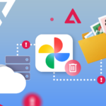 Homem confuso segurando um telefone cercado por ícones do Google Fotos e uma barra de pesquisa com alertas de erro.