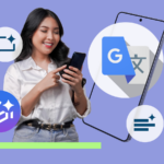 Uma pessoa segurando um pôster com o mascote do Duolingo e ícones ao redor com bandeiras de diferentes países e logotipos de aplicativos de aprendizagem de idiomas.