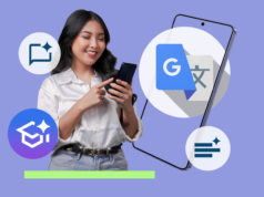 Achei que o Duolingo bastava, mas o Google Tradutor é secretamente um professor melhor Uma pessoa segurando um pôster com o mascote do Duolingo e ícones ao redor com bandeiras de diferentes países e logotipos de aplicativos de aprendizagem de idiomas.