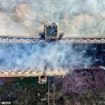 Fotos mostram prédio totalmente devastado pelo incêndio, com telhado destruído