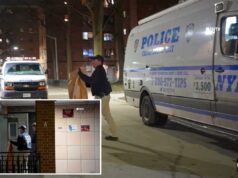 Adolescente morto a tiros dentro de complexo habitacional público em Nova York Um policial carregando uma grande bolsa marrom passa por uma van da unidade policial de cena do crime à noite.