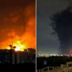 Fumaça e fogo sobem do local dos ataques aéreos no Aeroporto Internacional de Mehrabad, em Teerã, em 7 de março de 2026.