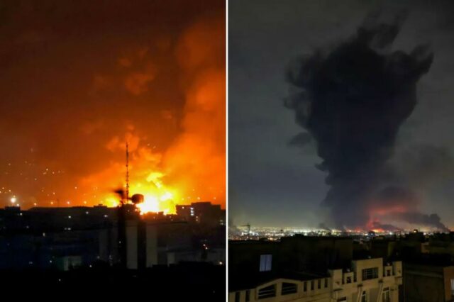 Fumaça e fogo sobem do local dos ataques aéreos no Aeroporto Internacional de Mehrabad, em Teerã, em 7 de março de 2026. 