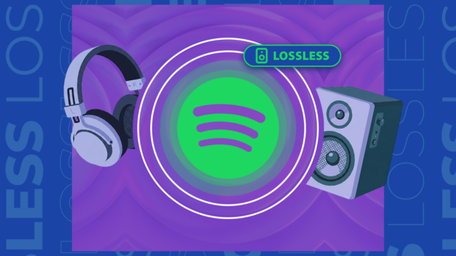Ilustração do logotipo do Spotify ao lado de uma forma de onda de áudio com a palavra Lossless riscada.