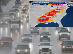Ameaça de tempestade severa de 1.600 quilômetros chega à Costa Leste no meio da semana após perigosa ameaça de tornado em Heartland Ameaça de tempestade severa de 1.600 quilômetros chega à Costa Leste no meio da semana após perigosa ameaça de tornado em Heartland