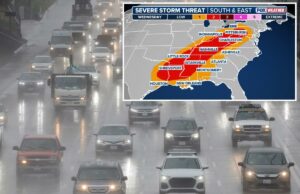 Ameaça de tempestade severa de 1.600 quilômetros chega à Costa Leste no meio da semana após perigosa ameaça de tornado em Heartland Ameaça de tempestade severa de 1.600 quilômetros chega à Costa Leste no meio da semana após perigosa ameaça de tornado em Heartland
