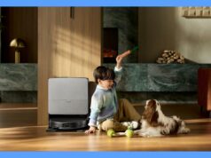 Análise do Roborock 20: é mais difícil, trabalha mais rápido e vê tudo – IA no seu melhor Ilustração de um aspirador robótico com engrenagens vermelhas internas visíveis.