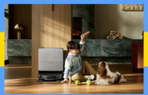 Análise do Roborock 20: é mais difícil, trabalha mais rápido e vê tudo – IA no seu melhor Ilustração de um aspirador robótico com engrenagens vermelhas internas visíveis.