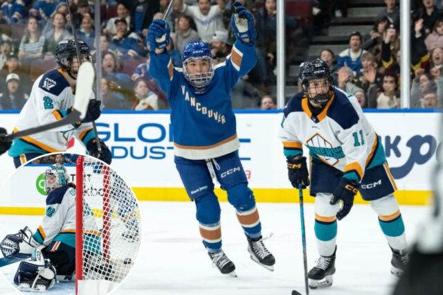 Anna Segedi comemora depois de marcar seu primeiro gol na PWHL na vitória dos Goldeneyes por 5 a 2 sobre os Sirens em 18 de março de 2026 em Vancouver. 