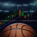 Anúncios de previsão do mercado aumentam à medida que as apostas no March Madness atingem níveis recordes. Uma bola de basquete em primeiro plano com um gráfico financeiro brilhante ao fundo mostrando castiçais crescentes e linhas de tendência ascendentes, simbolizando o crescimento dos mercados de apostas esportivas em torno de eventos de basquete.