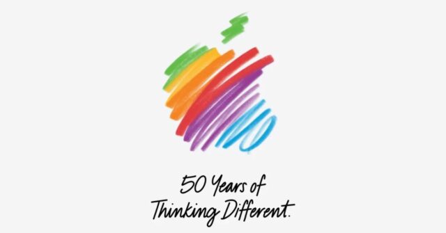 Comemorações do 50º aniversário da Apple mudam de Nova York para a China | O logotipo impressionista da Apple com o slogan '50 anos pensando diferente'