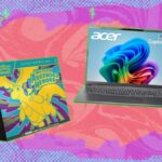 Cartões Pokémon e laptop Acer em fundo gradiente
