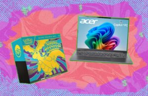 As melhores ofertas desta semana, de acordo com a equipe de especialistas em compras da Mashables Cartões Pokémon e laptop Acer em fundo gradiente