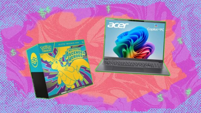 Cartões Pokémon e laptop Acer em fundo gradiente